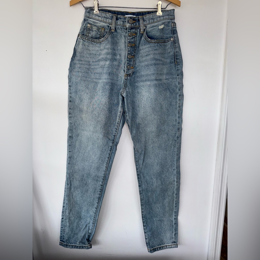 Weworewhat Womens Danielle Mom Straight Leg‎ Jeans Blue Crystals Button fly